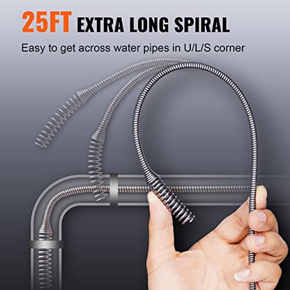 VEVOR Drain Auger 25Ft, Plumbing Snake with Drill Attachment, Plumbers Snake Drain Clog Remover for Kitchen Bathroom Shower Sink with Protective Hose and Gloves - style: Manual-Feed