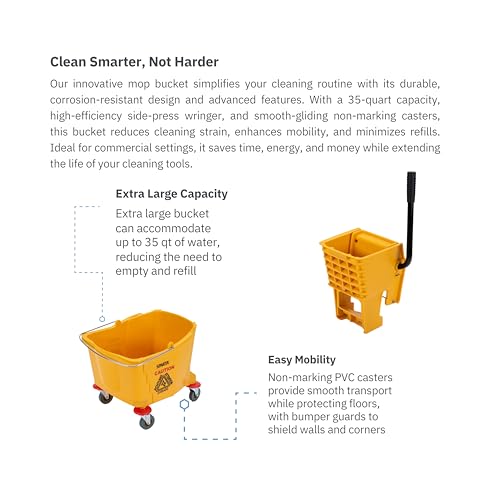 Carlisle FoodService Products 35-Quart Commercial Mop Bucket with Side-Press Wringer, Integrated Pour Spout, and Smooth Rolling Casters for Commercial Cleaning, Durable Polypropylene, Yellow