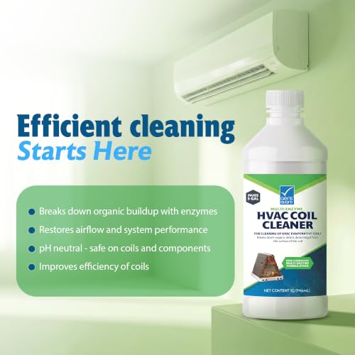 Multi-Enzyme HVAC Coil Cleaner 1Q Concentrate, AC Evaporator and Condenser Coil Cleaner for Heating and Cooling Systems, Non-Acidic Enzyme Formula, Makes 5 Gallons (32 fl oz)