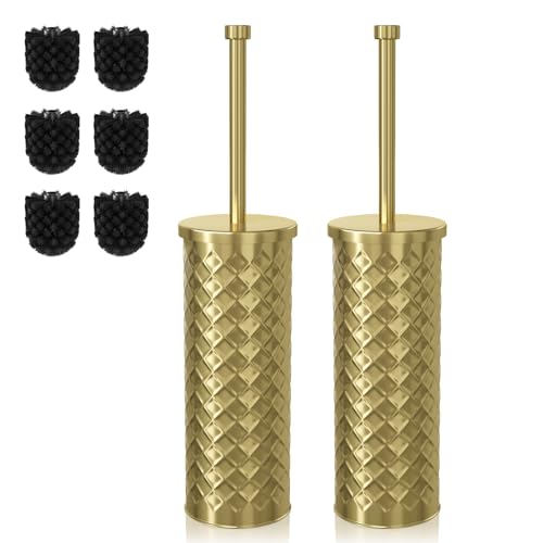 Toilet Bowl Brush and Holder Set 2 Pack with 4 Extra Brush Heads | Extra Long Handle with Splash Guard Cover, Tool-Free Installation, Bathroom Space-Saving, Cleaner Sets for Apartments, RV (Gold) - color: Gold