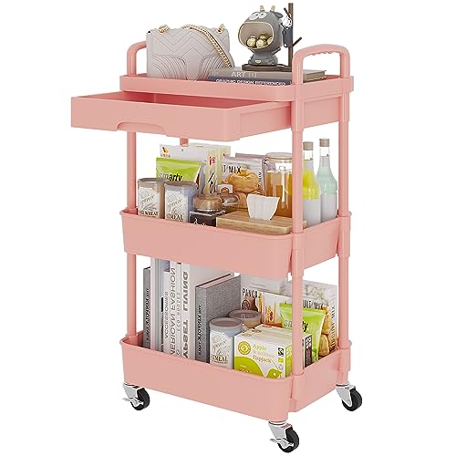 Calmootey 3-Tier Rolling Utility Cart with Drawer,Multifunctional Storage Organizer with Plastic Shelf & Metal Wheel,Storage Cart for Kitchen,Bathroom,Living Room,Office,Pink - color: Pink, size: 3-Tier