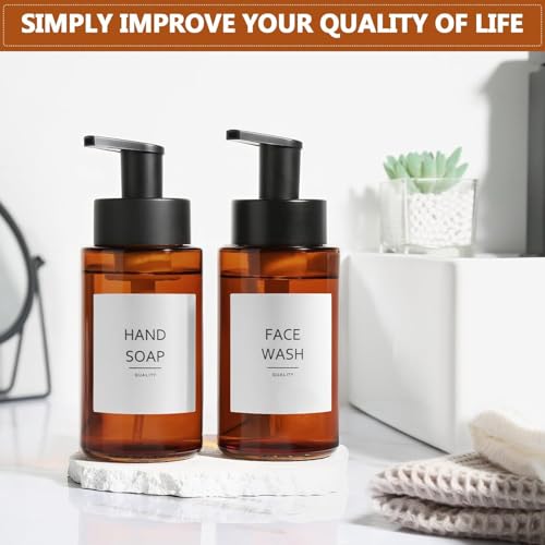 RYTOXILO Amber Foam Soap Dispenser, 10 oz/300ml Glass Foaming Soap Dispenser, 2 Pcs Foaming Hand Dispenser for Bathroom & Kitchen, Refillable Bottle with Waterproof Labels - color: Amber Bottle, size: 10 Fl oz