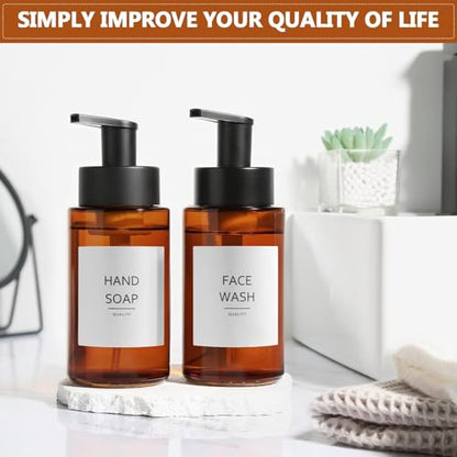 RYTOXILO Amber Foam Soap Dispenser, 10 oz/300ml Glass Foaming Soap Dispenser, 2 Pcs Foaming Hand Dispenser for Bathroom & Kitchen, Refillable Bottle with Waterproof Labels - color: Amber Bottle, size: 10 Fl oz