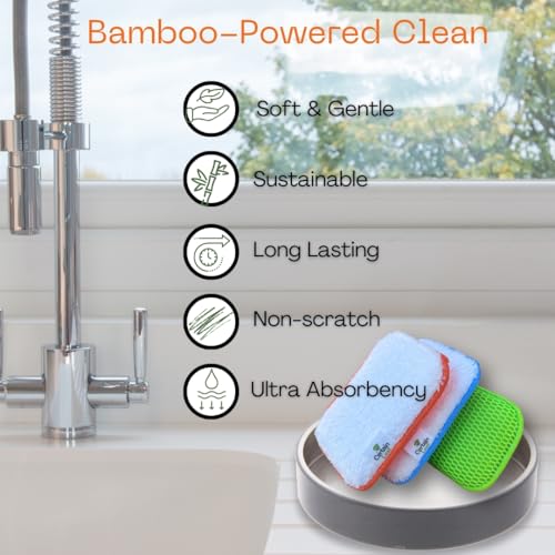 Kitchen Dish Sponge Set, Dual Sided with Rayon derived from Bamboo and Mesh, Non Scratch Kitchen Cleaning Sponge Extra Absorbent Dish Sponge with Long Lasting Durable Scrubber, 6 Pack