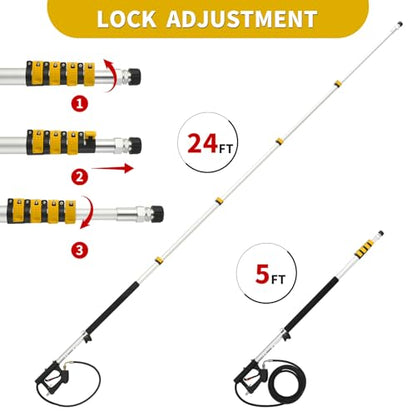 24 FT Telescoping Pressure Washer Wand with Pressure Washer Extension Wand, Brush Head, Gutter Cleaner, 5 Spray Nozzle Tips, 2 Hose Adapters and Support Belt