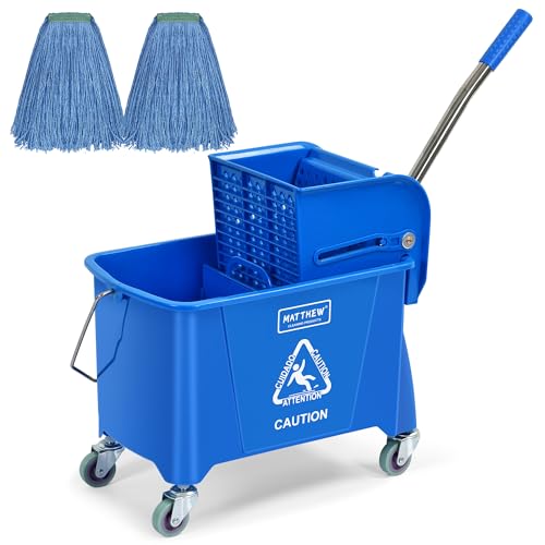 MATTHEW Cleaning Blue 22Quart Compact Mop Bucket INCL.2 Pcs Mop Head with Side Press Wringer On Wheels,Tandem Portable Floor Cleaning Wavebrake,Ideal for Household,Industrial,Restaurant,Janitorial Use - color: Blue, size: 22 Quart