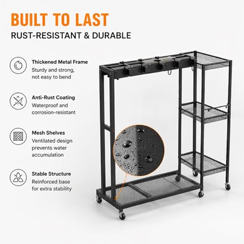 Rolling Cleaning Cart with Wheels, Mop and Broom Holder Organizer, Heavy Duty Utility Cleaning Supply Rack with Storage Shelves & Hooks for Garage, Laundry Room, Kitchen