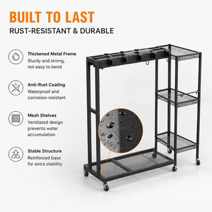 Rolling Cleaning Cart with Wheels, Mop and Broom Holder Organizer, Heavy Duty Utility Cleaning Supply Rack with Storage Shelves & Hooks for Garage, Laundry Room, Kitchen