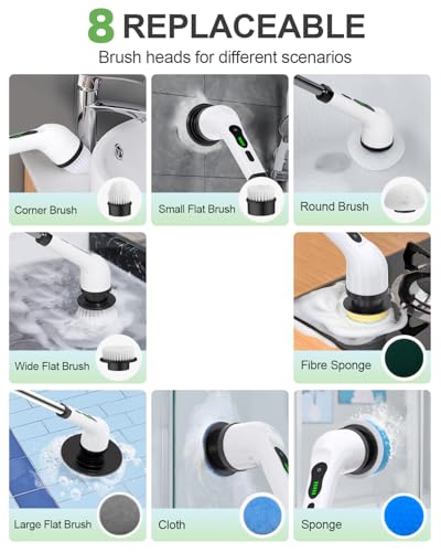 Electric Spin Scrubber, Cordless Cleaning Brush, Shower Scrubber with 8 Brush Heads 2H Power Dual Speed, Adjustable Extension Handle, IPX7 Waterproof for Tub Tile Car Floor Polishers, PA-25.