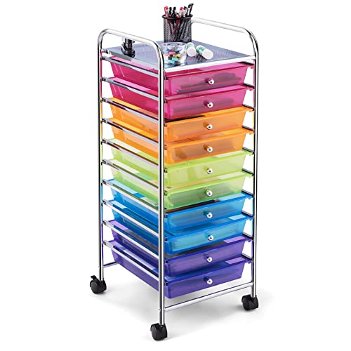 COSTWAY 10-Drawer Rolling Storage Cart, Utility Mobile Trolley with Removable Drawers & Universal Casters & 2 Brakes, Versatile Flexible Drawer Organizer Cart for Home, Office (Rainbow) - color: Rainbow, size: 13"L x 15"W x 34"H (10 Drawer)