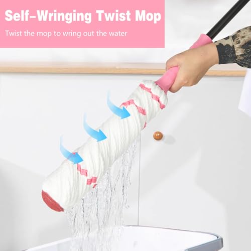 Self-Wringing Twist Mop for Floor Cleaning, 57” Long Handle Heavy Duty Microfiber Mop for Wet Mopping on Tile, Hardwood, Kitchen, Bathroom, Patio, Garage, Commercial Household Clean (Pink) - size: Complete Mop