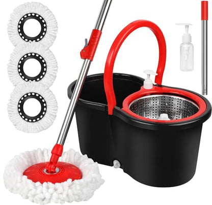Spin Mop and Bucket with Wringer Set, 360° Spinning Mop Bucket System with 3 Microfiber Mop Replacement Heads Refills,56" Stainless Steel Extended Handle for Floor Cleaning Home(20QT) (Green) (Black) - color: Black