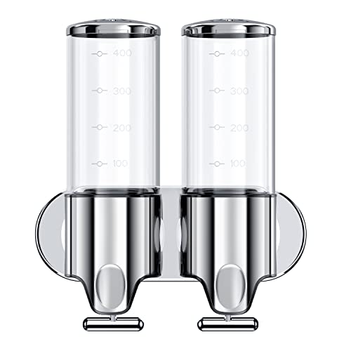 2 in 1 Chamber Wall Mounted BathroomShower Pump Dispenser,Dispensers for The Shower,Shampoo and Conditioner Dispenser,Shower Dispenser 3 Chamber no Drill - color: 17.6 Oz Double Colourless