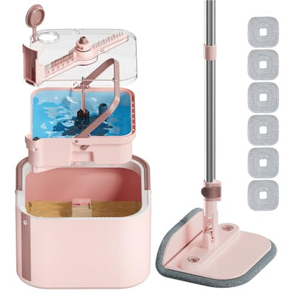 Spin Mop and Bucket System Kit, Self-Separating Cleaning Soil, Foldable Square Mop Bucket Head with Washable Interchangeable Mop Pads, Pink (Mop Set with 6PC Pads) - size: 2.0 Mop and Bucket Set (6 pads)