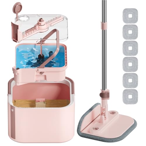 Spin Mop and Bucket System Kit, Self-Separating Cleaning Soil, Foldable Square Mop Bucket Head with Washable Interchangeable Mop Pads, Pink (Mop Set with 6PC Pads) - size: 2.0 Mop and Bucket Set (6 pads)
