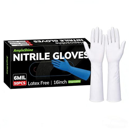 Long Nitrile Disposable Gloves Extended Cuff 16inch Latex-Free Blue Household Kitchen Cleaning Dishwashing 50PCS - color: White, size: Medium