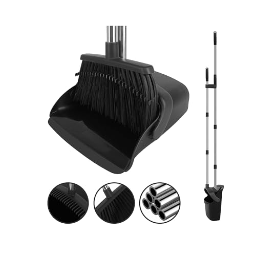 Broom and Dustpan Set, Heavy Duty Large Household Broom with Dustpan Combo Set, 55" Long Handle Black Dust Pan Kit for Kitchen Lobby Indoor Outdoor - color: Black, size: Large