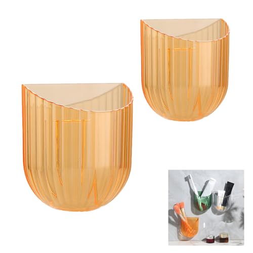 Wall Mounted Storage Holder, Transparent PS Plastic, Clear Orange, 3.9x3.5x1.9 Inch, Adhesive Organizer for Cosmetics, Phone, Remote (Yellow 2PCS) - color: Yellow 2PCS