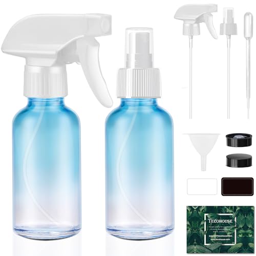 Tecohouse Glass Spray Bottles 4 oz, 2 Pack Spray Bottles for Hair Empty Refillable Fine Mist Sprayer with Labels, Funnel, Pipettes Blue - color: Blue