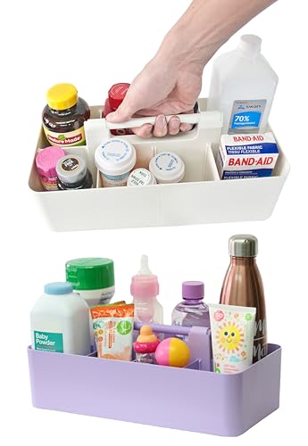 Portable Caddy Organizer -2 Stackable Plastic Caddy with Handle | Desk, Makeup, Dorm Caddy, Classroom Art Organizers (Made In Usa) (Ivory/Lavender) - color: Ivory / Lavender