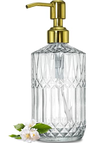 JASAI 18Oz Dazzling Clear Glass Soap Dispenser with Golden Pump for Bathroom, Refillable Kitchen soap Dispenser for Dish Soap, Bathroom Soap Dispenser for Hand Soap, Lotion.(Golden) - color: Clear-golden Pump, style: Dazzle