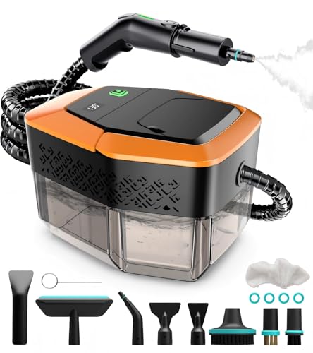 Steam Cleaner, 3-Level Adjustable Handle, 15s Heat-Up, Steamer for Cleaning With 1.8L Large Tank, Dry Burn Protection, Handheld Steam Cleaner for Home, Bathroom, Tile, Grout,Car with 12pcs Accessories - color: Black+Orange