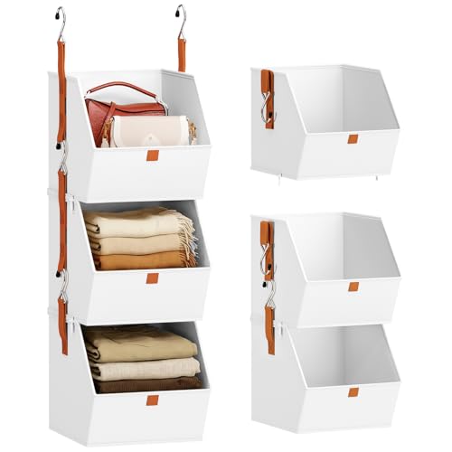 Homsorout Collapsible Hanging Closet Organizer - 3 Tier Closet Shelves Storage System with Hooks, Fabric Hanging Storage Bins for Clothes, Foldable Storage Basket for Laundry, Bedroom, Rv, White - color: White, size: 3 shelves