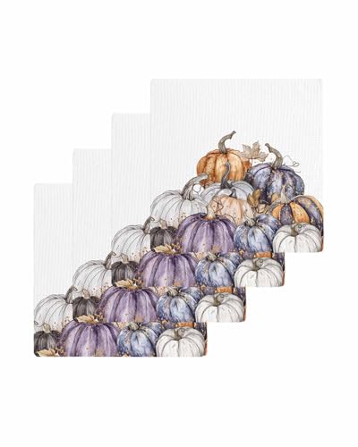Thanksgiving Pumpkins Dish Towels Set, Waffle Weave Kitchen Towels 4 Pieces, Microfiber Hair Face Bath Tea Towel Absorbent Quick Drying Cleaning Dish Cloths, Autumn Botanical Maple Leaf 12"x12" - color: Purple Orange White, size: 4PCS,12"x12"