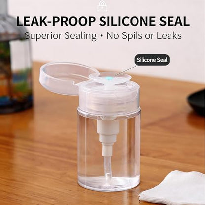 Refillable Press Pump Dispenser Bottle, Clear, Leak-Proof, Portable Reusable Travel Size for Makeup Remover, Toner, Nail Polish Remover,6.08oz(200ml)