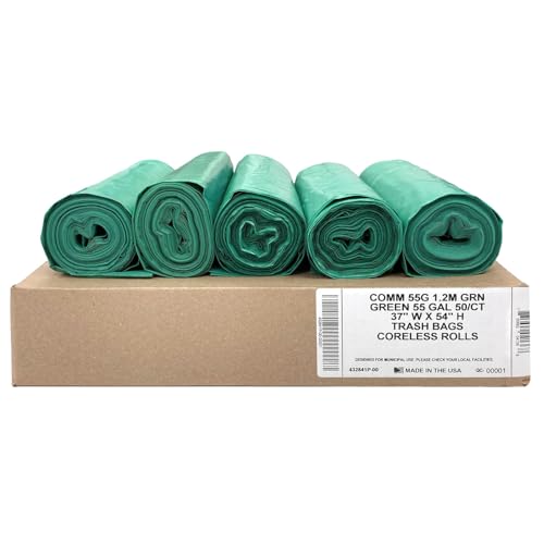 Ultrasac Heavy Duty 55 Gallon Green Trash Bags - (Value 50 Pack) - 1.5 MIL equivalent Industrial Strength Plastic 37" x 54" for 50-55 Gal Cans -Fits Toter, Rubbermaid Brute, Carlislie Bronco etc. - color: Green, style: 50-55 Gal, 1.5 Mil Equiv, 50 Count