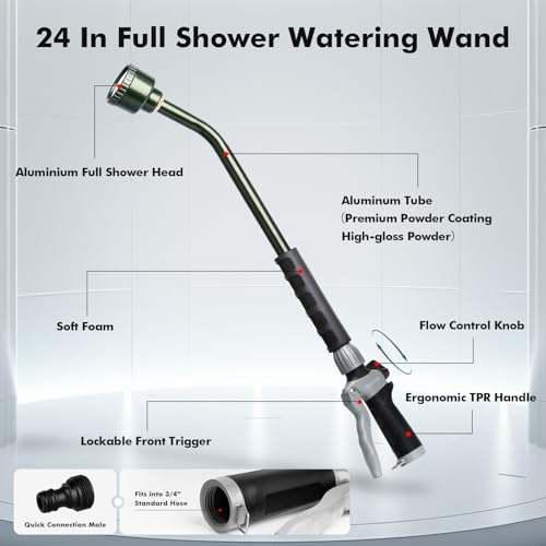 RESTMO Long Watering Wand, 24 Inches Gentle Soft Full Shower Sprayer Wand with Flow Control, Heavy Duty Metal Hose Wand for Hanging Baskets, Shrubs, Plants, Flowers, Garden and Lawn, Green - color: Olive Green