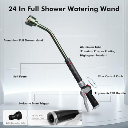RESTMO Long Watering Wand, 24 Inches Gentle Soft Full Shower Sprayer Wand with Flow Control, Heavy Duty Metal Hose Wand for Hanging Baskets, Shrubs, Plants, Flowers, Garden and Lawn, Green - color: Olive Green