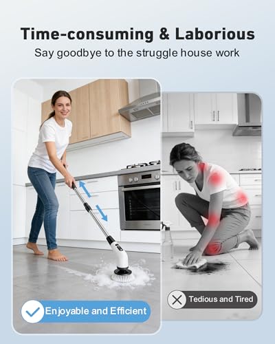 Powerful Electric Spin Scrubber, for Mom, Cordless Cleaning Brush, 90-Min Extended Runtime, Telescopic Long Handle, 8 Replaceable Heads, 2 Speeds for Bathroom, Floor & Glass