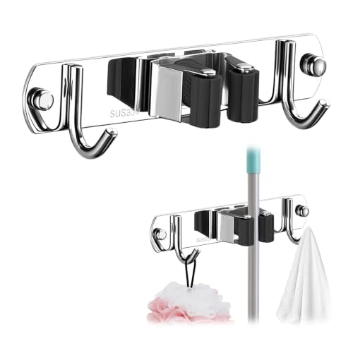 Upgrade Broom Holder Wall Mount, 304 Stainless Steel Mop & Broom Storage Organizer with Hooks, Self-Adhesive or Screw Install for Bathroom Garage Kitchen (Black, 1 Rack and 2 Hooks) - color: Black, size: 1 Rack and 2 Hooks