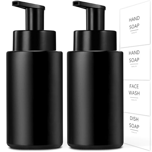 RYTOXILO Matte Black Foaming Hand Soap Dispenser, 10 oz/300ml Glass Foam Dispenser, 2 Pcs Foaming Soap Dispenser for Bathroom, Black Refillable Pump with Waterproof Labels - color: Black Bottle, size: 10 Fl oz
