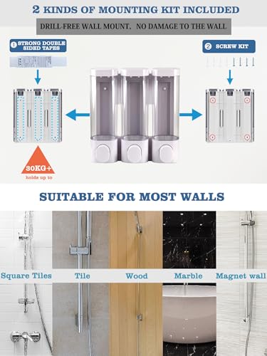 RANKADO Luxury Shower Soap Dispenser Bathroom with Tray,Drill Free Shampoo and Conditioner Dispenser with Mounting Tapes,Shower Soap Dispenser with Labels,Shampoo Dispenser for Shower Wall - color: 300ml X 3 （transparent）