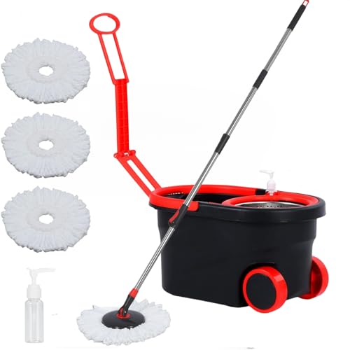 Spin Mop and Bucket with Wringer Set on Wheels,360° Spinning Mop Bucket System for Floor Cleaning, Mop and Bucket Set with 3 Microfiber Mop Replacement Heads and 61" Stainless Steel Adjustable Handle - color: Black Red