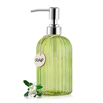 MOCLIF 16 OZ Soap Dispenser，Tempered Glass Clear Vertical Stripe with 304 Rust Proof Stainless Steel Pump Refillable Liquid Hand Soap Dispenser，for Bathroom, Kitchen, Dish Soap，Lotion (Green) - color: Green