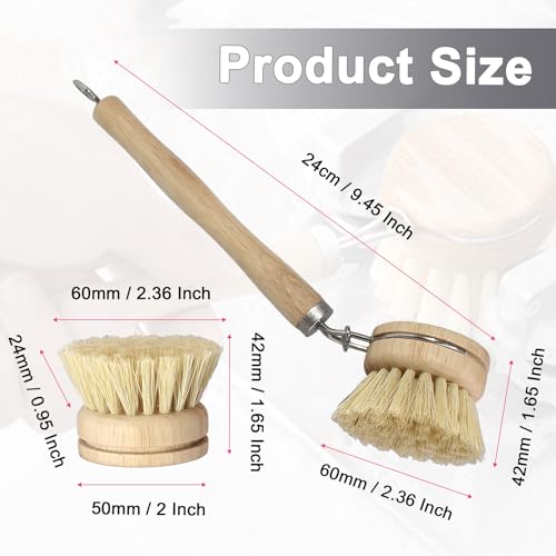 Wooden Dish Brush Set, 4 Natural Bristle Replacement Heads with 1 Sturdy Wooden Handle, Sisal Kitchen Scrub Brush for Pots, Pans, Vegetables and Cookware - size: Medium Hard