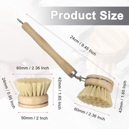 Wooden Dish Brush Set, 4 Natural Bristle Replacement Heads with 1 Sturdy Wooden Handle, Sisal Kitchen Scrub Brush for Pots, Pans, Vegetables and Cookware - size: Medium Hard