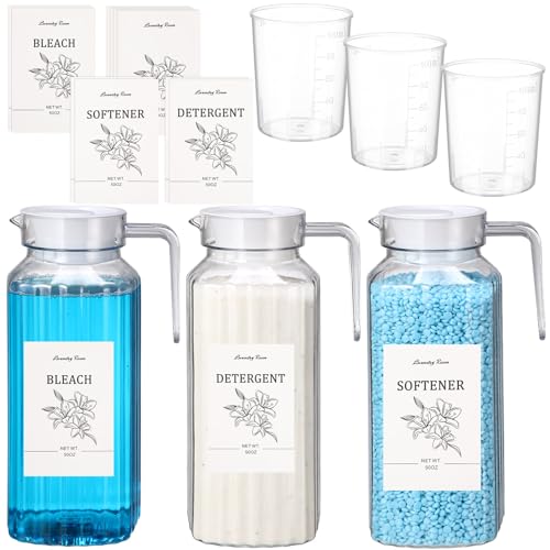 Potchen 3 Pack Laundry Detergent Dispenser Set, Clear Acrylic Liquid Detergent Container with Labels & Measuring Cups, Fabric Softener Dispenser for Laundry Room Organization(50 oz) - size: 50 oz
