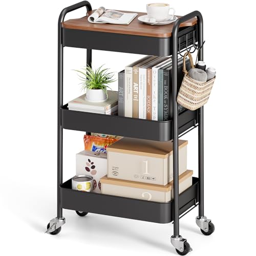 TOOLF 3-Tier Rolling Cart with Table Top, Metal Storage Cart on Wheels, Utility Organizer with Wooden Tray, Lockable Casters, Easy Assembly for Bathroom, Living Room, Office, Kitchen, Black - color: Black
