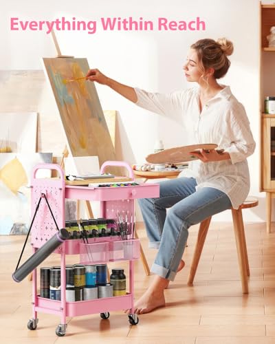 ALVOROG Rolling Cart with Drawer and Wood Table Top, 3 Tier Metal Rolling Utility Cart on Wheels with DIY Pegboards, Hanging Baskets,Hooks for Kitchen, Bedroom, Office, Craft Supplies - color: Cherry Blossom Pink