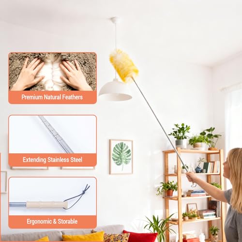 Cedenoo Lambswool Duster Extendable 22–55 Inch Natural Wool Duster with Flexible Head for Ceilings Furniture Blinds Electronics Washable Reusable - color: Yellow