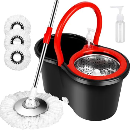Mop Bucket with Wringer Set, 360 Rotation Mop Bucket Systerm for Floor Cleaning with 3 Microfiber Mop Head for Office and Home Use, Black (20QT) - color: Black Red