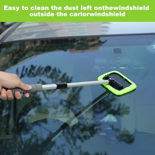 XINDELL Windshield Cleaner Tool – Car Window Cleaning Tool 27inch Extendable Long Handle for Easy Cleaning, 9pcs Reusable Microfiber Pads, Streak-Free Interior & Exterior Auto Glass Cleaner (Green) - size: 27in