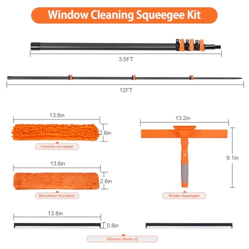 Window Squeegee with Carbon Fiber Extension Pole for Home, 3.5 to 12Ft Window Cleaning Kit Tool Outdoor, Lightweight Professional Window Washing Kit with Rotatable Head & 2 Scrubbers, 2 in 1 - size: 12 FT