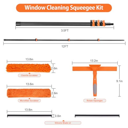 Window Squeegee with Carbon Fiber Extension Pole for Home, 3.5 to 12Ft Window Cleaning Kit Tool Outdoor, Lightweight Professional Window Washing Kit with Rotatable Head & 2 Scrubbers, 2 in 1 - size: 12 FT