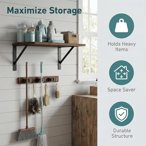 Broom and Mop Organizer Wall Hanging with Cleaning Supplies Organizer Shelf Rustic Farmhouse Wood Broom Mop Holder Storage Rack for Laundry Room Garage (1, Brown)