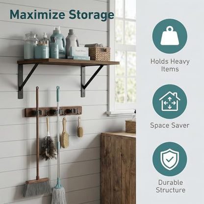 Broom and Mop Organizer Wall Hanging with Cleaning Supplies Organizer Shelf Rustic Farmhouse Wood Broom Mop Holder Storage Rack for Laundry Room Garage (1, Brown)